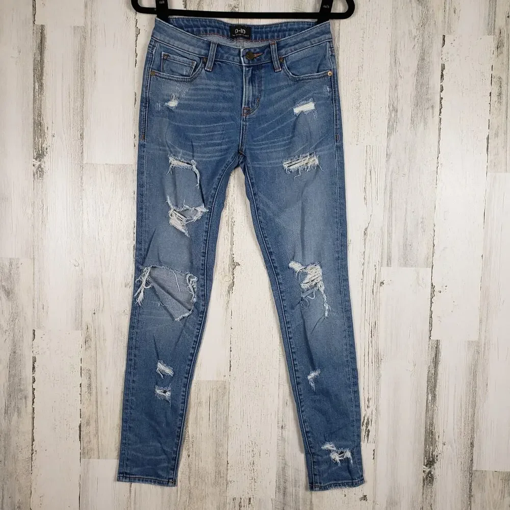 D-ID New York Destroyed Medium Wash Blue Denim Skinny Jeans Women's Size 26